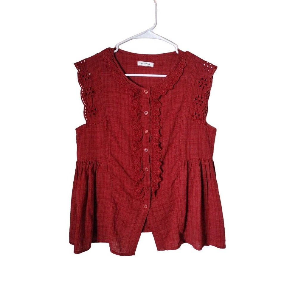 Max Studio Top Womens Medium Sleeveless Ruffle Button Up Peplum Rust